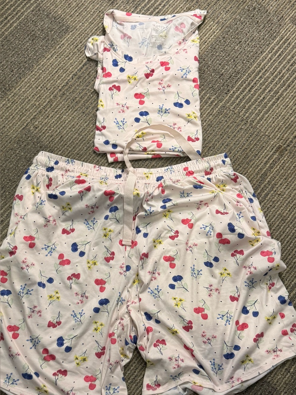 White Floral Short Pajama Set with Pink & Blue Accents